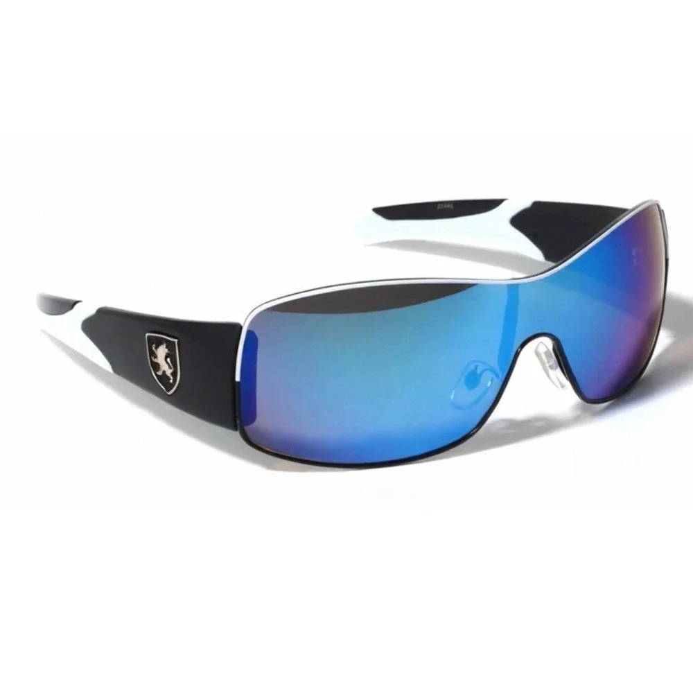 Women Shield Sunglasses Blue Mirrored Black White‎ Wraparound Frame Lentes Gafas